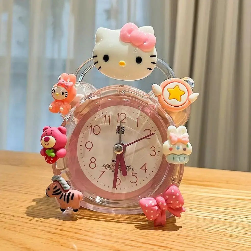 Cute cartoon clock with decorative elements on a wooden surface