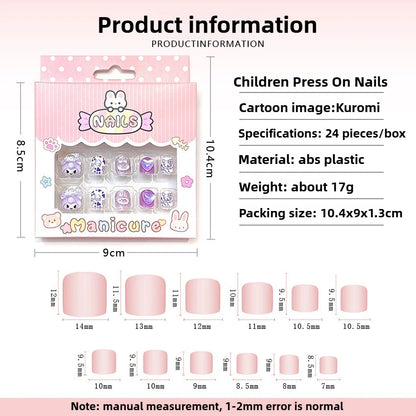 Children's press-on nails with packaging and specifications on a white background