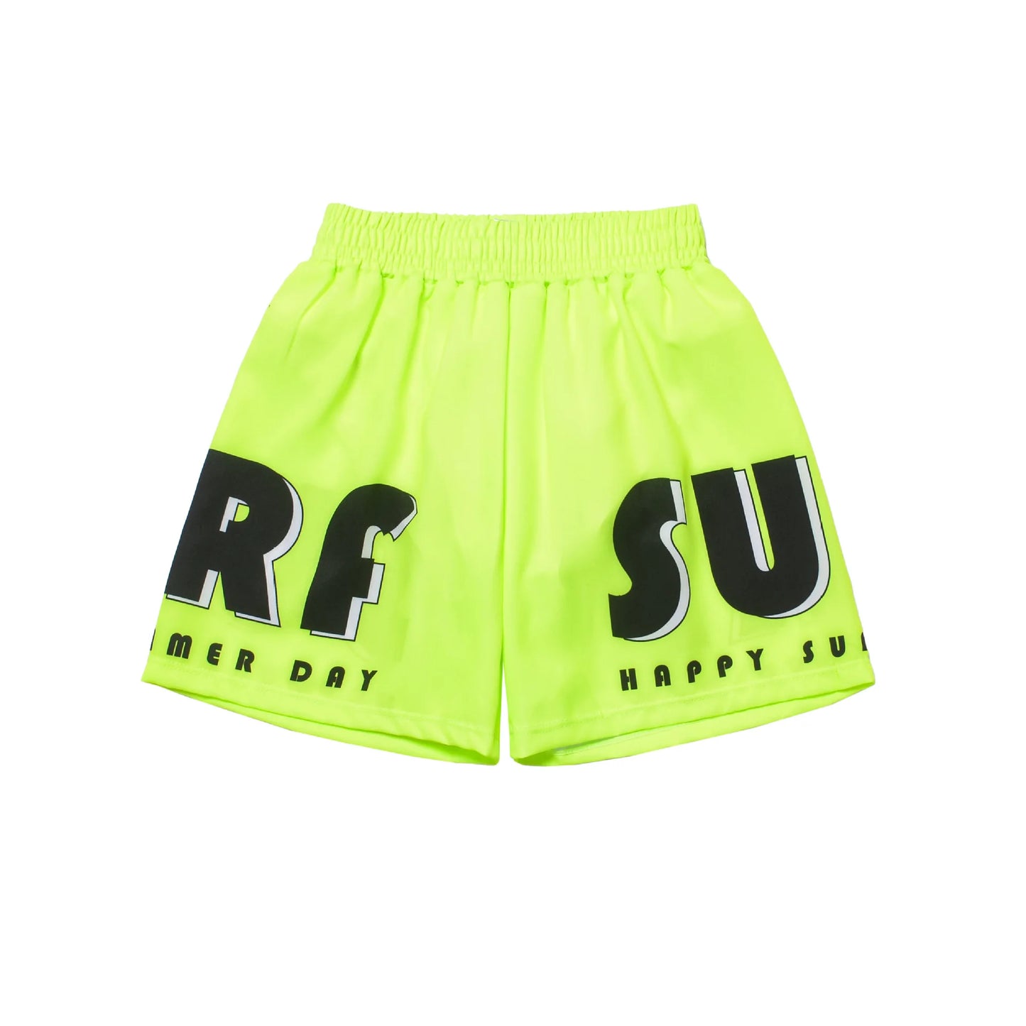 Neon green shorts with black text on a white background