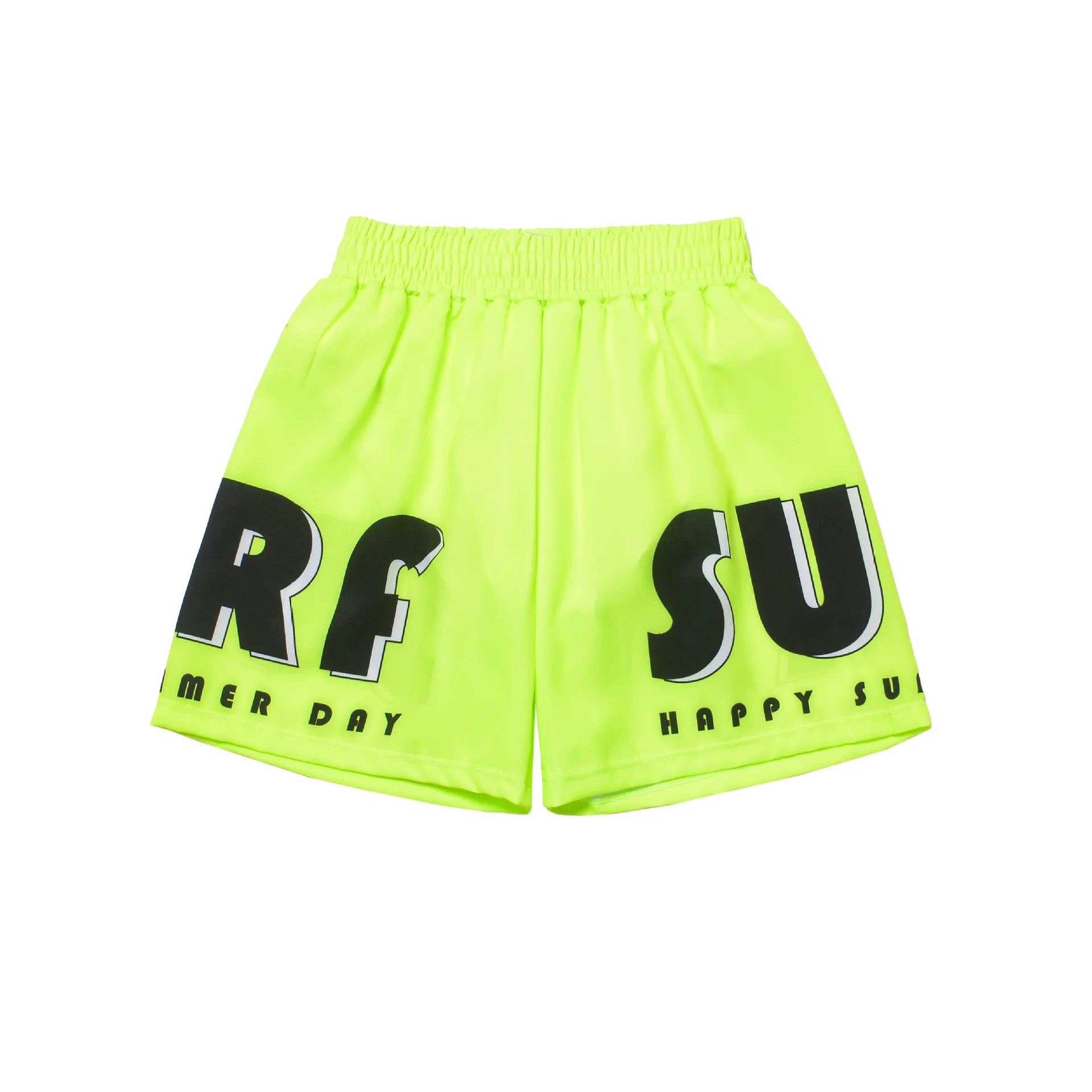 Neon green shorts with black text on a white background