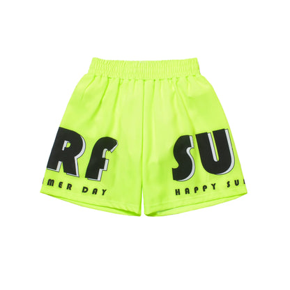 Neon green shorts with black text on a white background