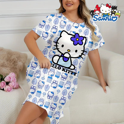 Child wearing a Hello Kitty nightshirt sitting on a bed with a white background