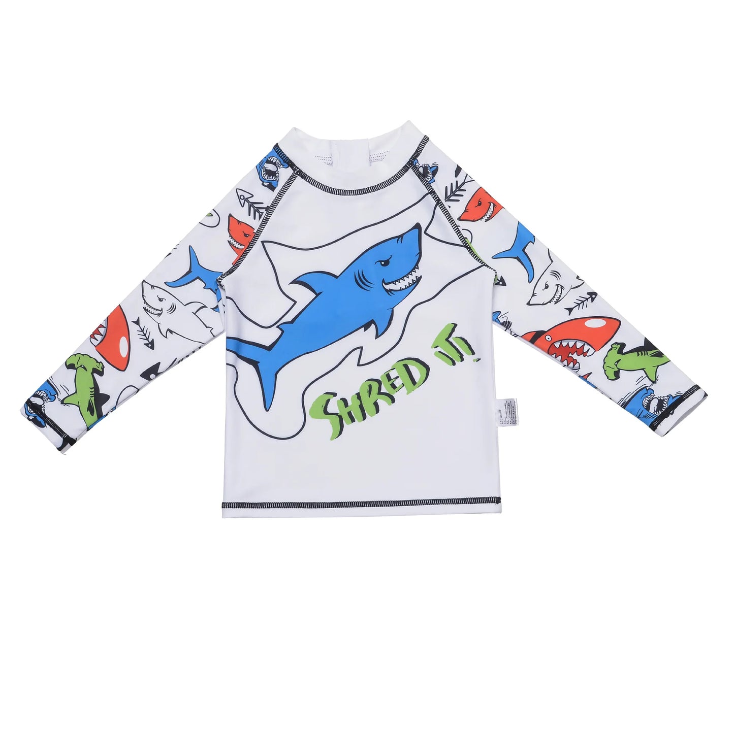 Children's long-sleeve shirt with shark design and 'Shred It' text on a white background