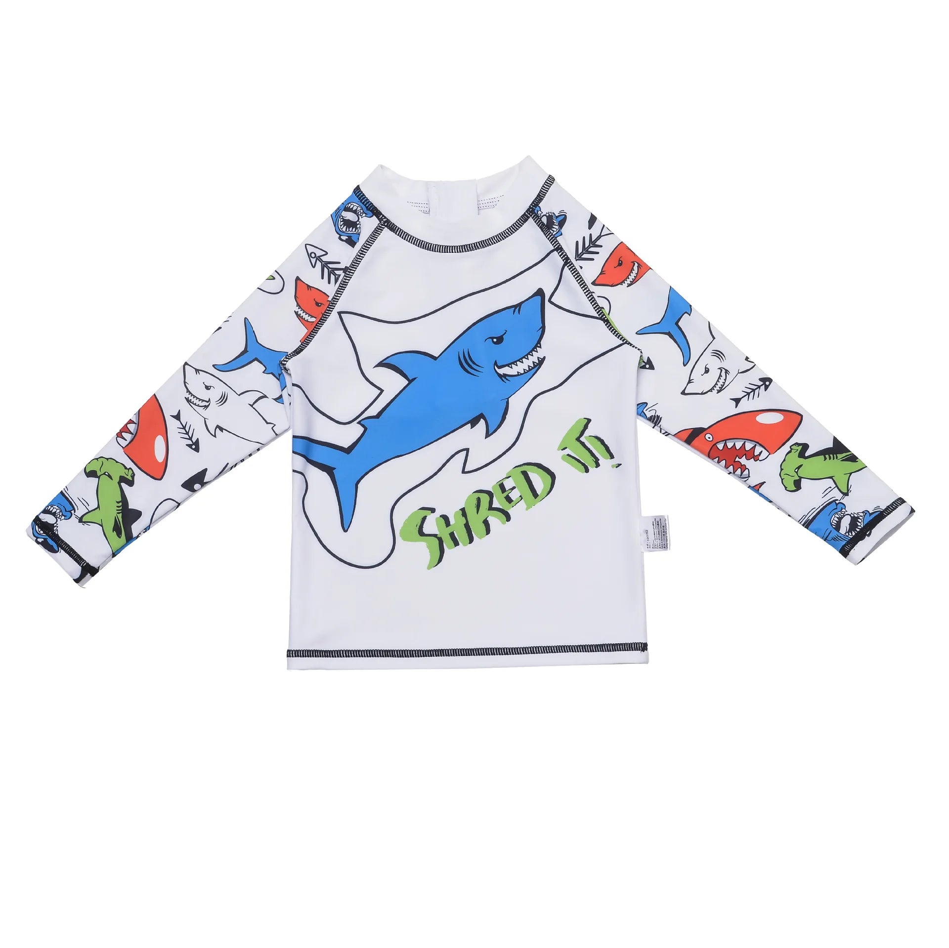 Children's long-sleeve shirt with shark design and 'Shred It' text on a white background