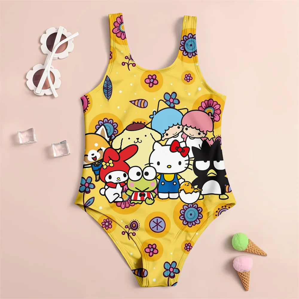 Yellow children's swimsuit with cartoon characters on a beige background