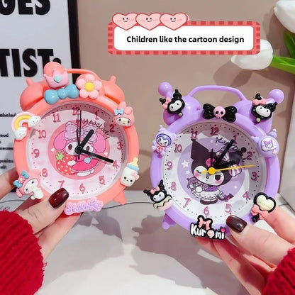 Two cartoon-themed alarm clocks held by hands, with a text overlay about children liking the design.