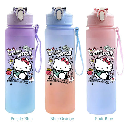 Three colorful water bottles with Hello Kitty design on a white background