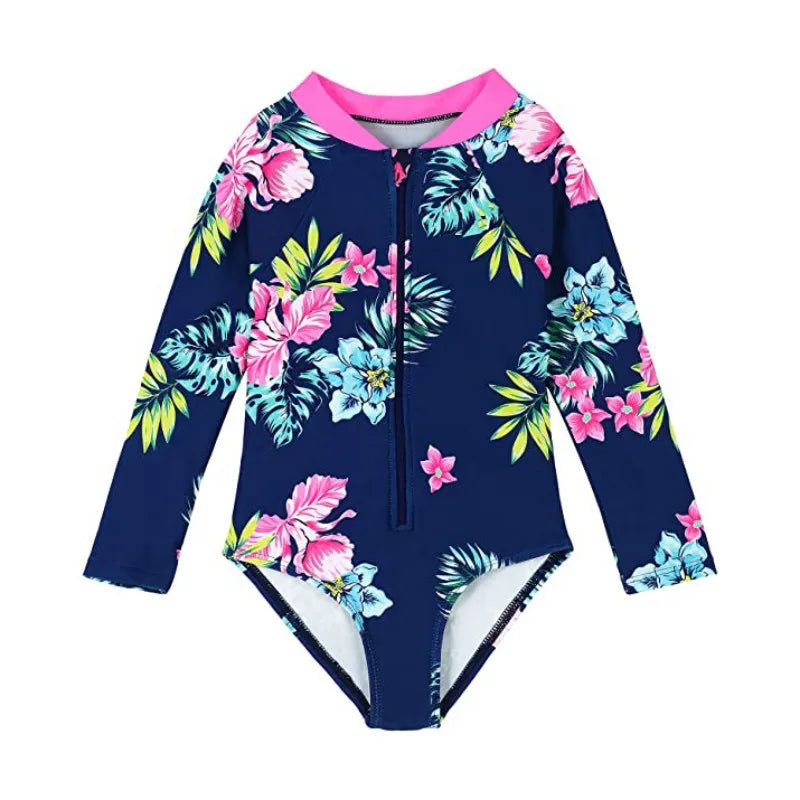 Navy blue swimsuit with colorful floral pattern on a white background