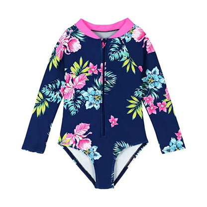 Navy blue swimsuit with colorful floral pattern on a white background