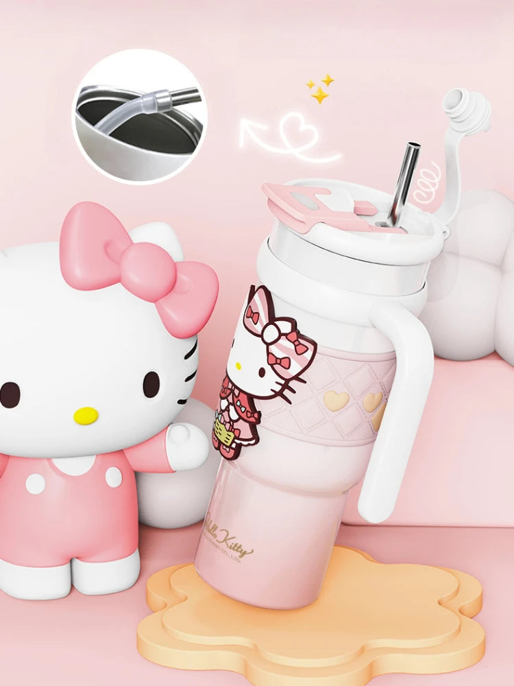 Hello Kitty-themed tumbler with a straw on a pink background