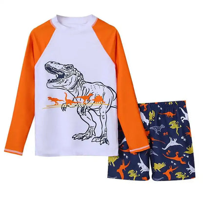 Children's swimsuit set with dinosaur design on a white background