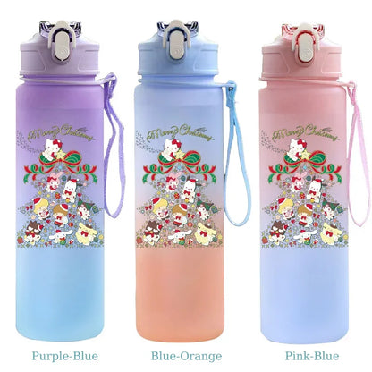 Three colorful water bottles with cartoon designs on a white background