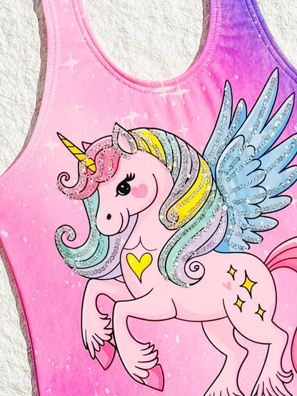 Pink tank top with a colorful unicorn design on a white background