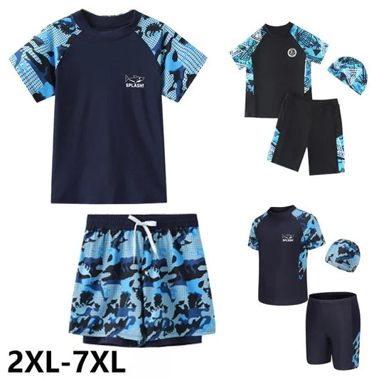 Children's swimwear set with blue and black camouflage pattern on a white background