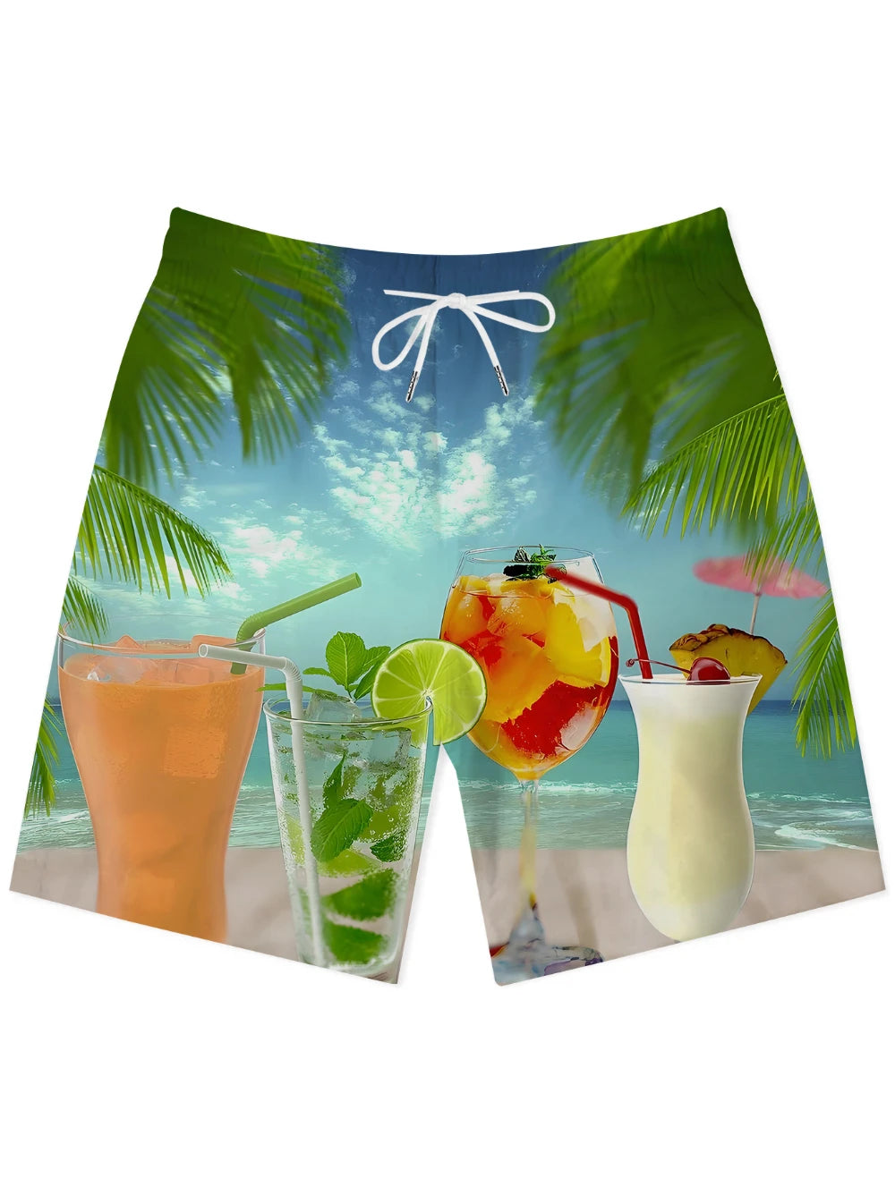 Beach shorts with a tropical scene featuring drinks and palm trees.