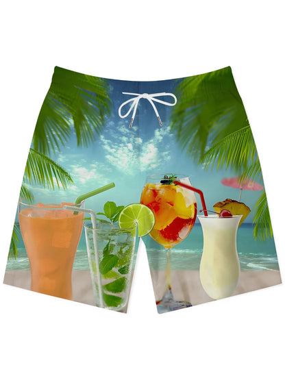 Beach shorts with a tropical scene featuring drinks and palm trees.