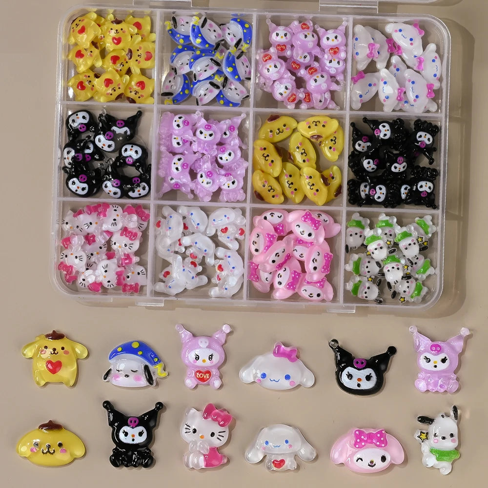 Assorted cartoon character figurines in a clear plastic organizer on a beige background.