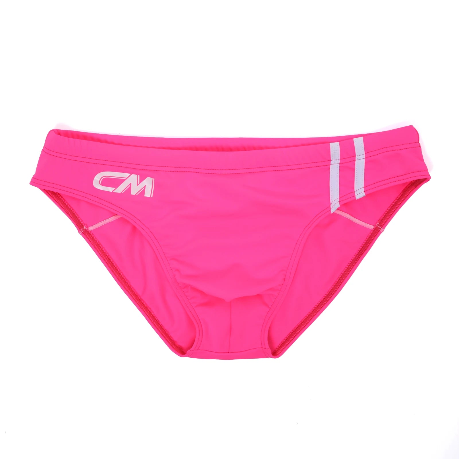 Pink swim brief with 'CM' logo on a white background