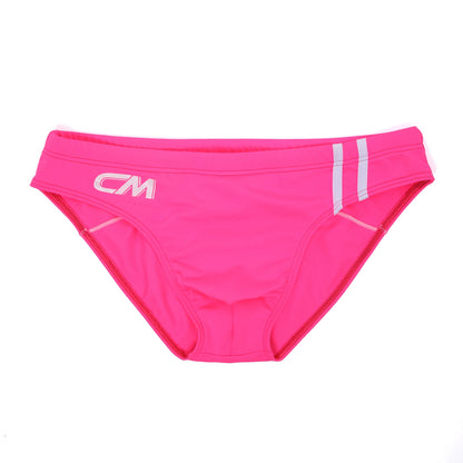 Pink swim brief with 'CM' logo on a white background