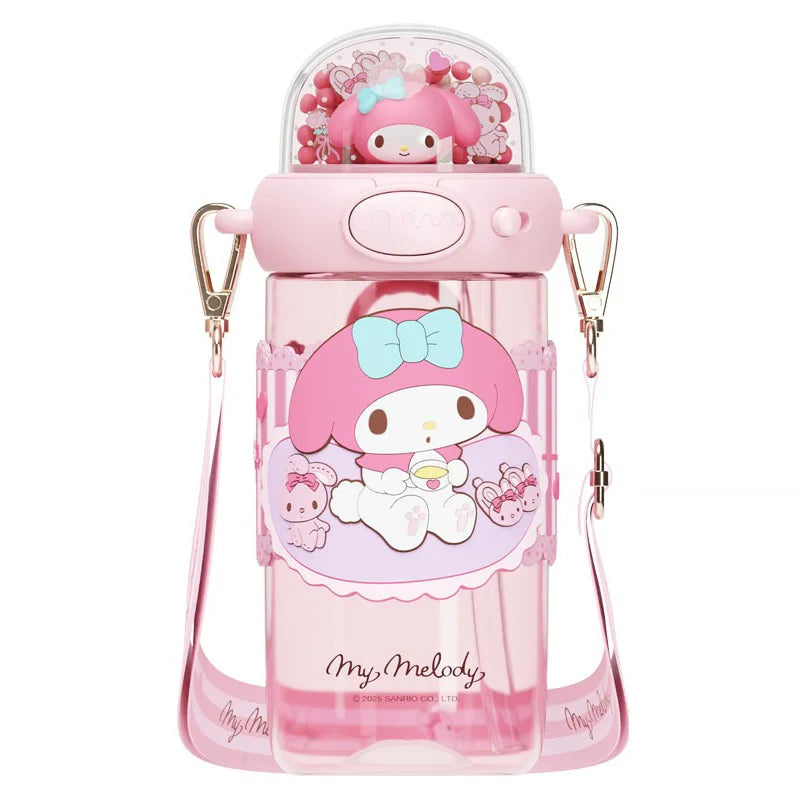 Pink water bottle with cartoon character design on a white background