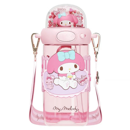 Pink water bottle with cartoon character design on a white background