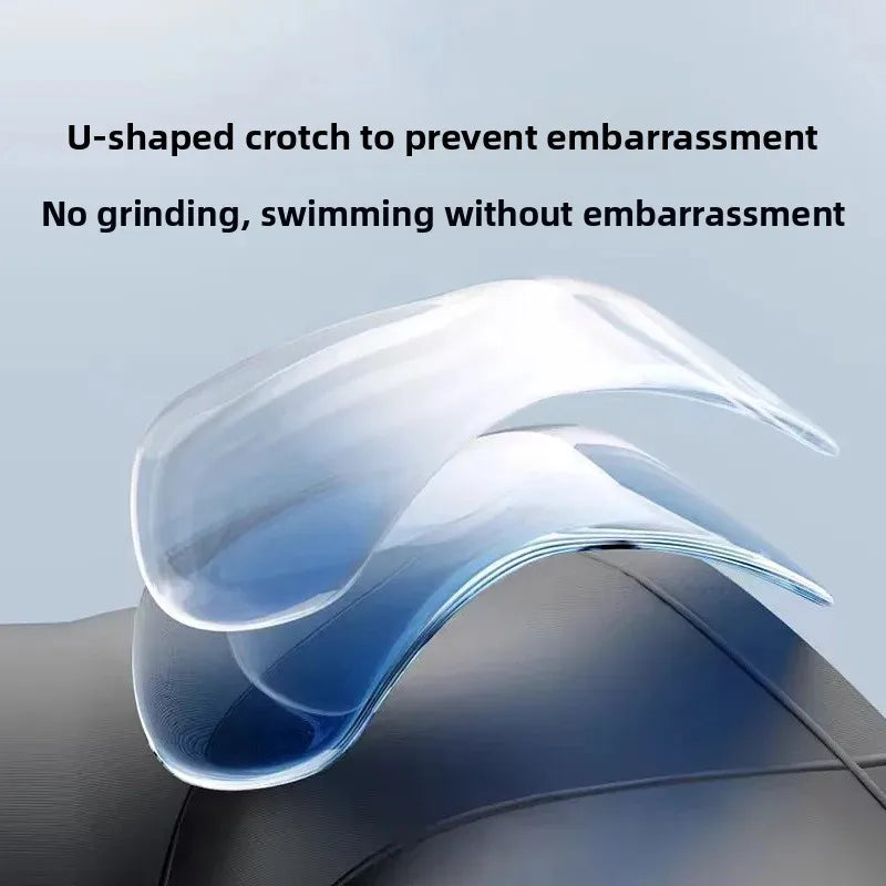 U-shaped swimwear design with text on a gray background