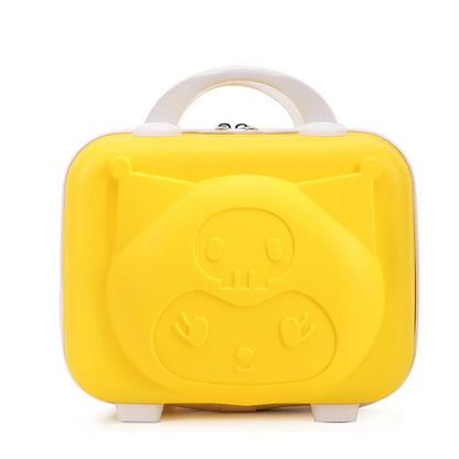 Yellow lunch box with a smiley face design on a white background