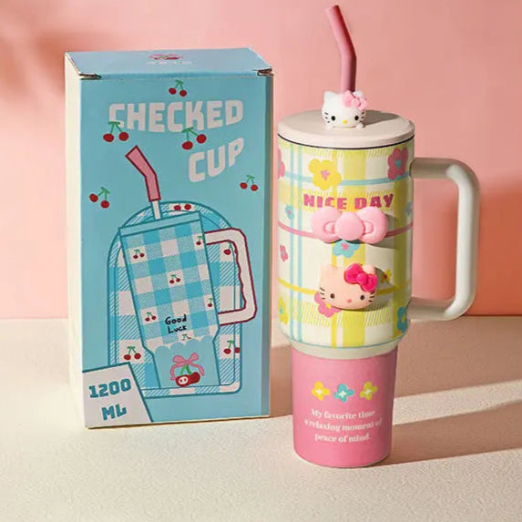 Colorful tumbler with cartoon character, packaging, and usage scenarios on a pink background
