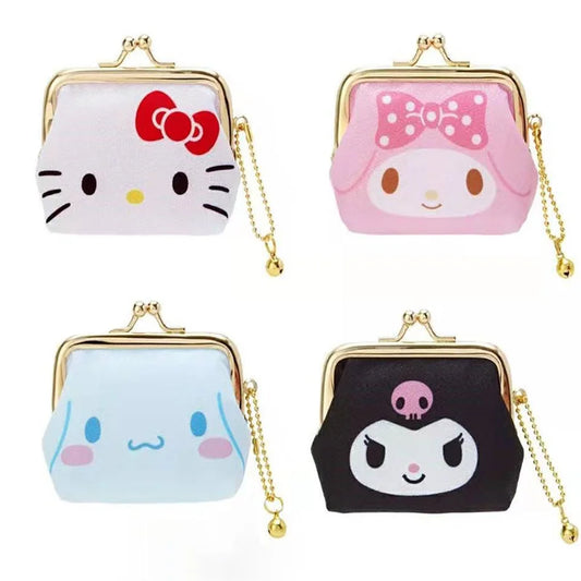 Four small pouches with cartoon faces on a white background