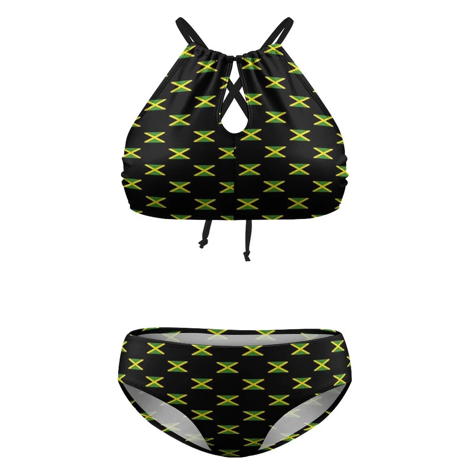 Two-piece swimsuit with Jamaica flag pattern on a white background