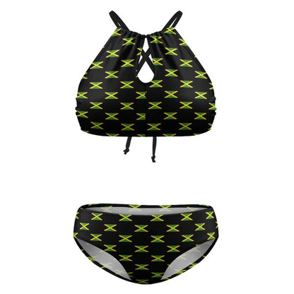 Two-piece swimsuit with Jamaica flag pattern on a white background