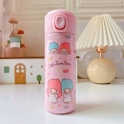 Pink thermos bottle with cartoon characters on a white surface