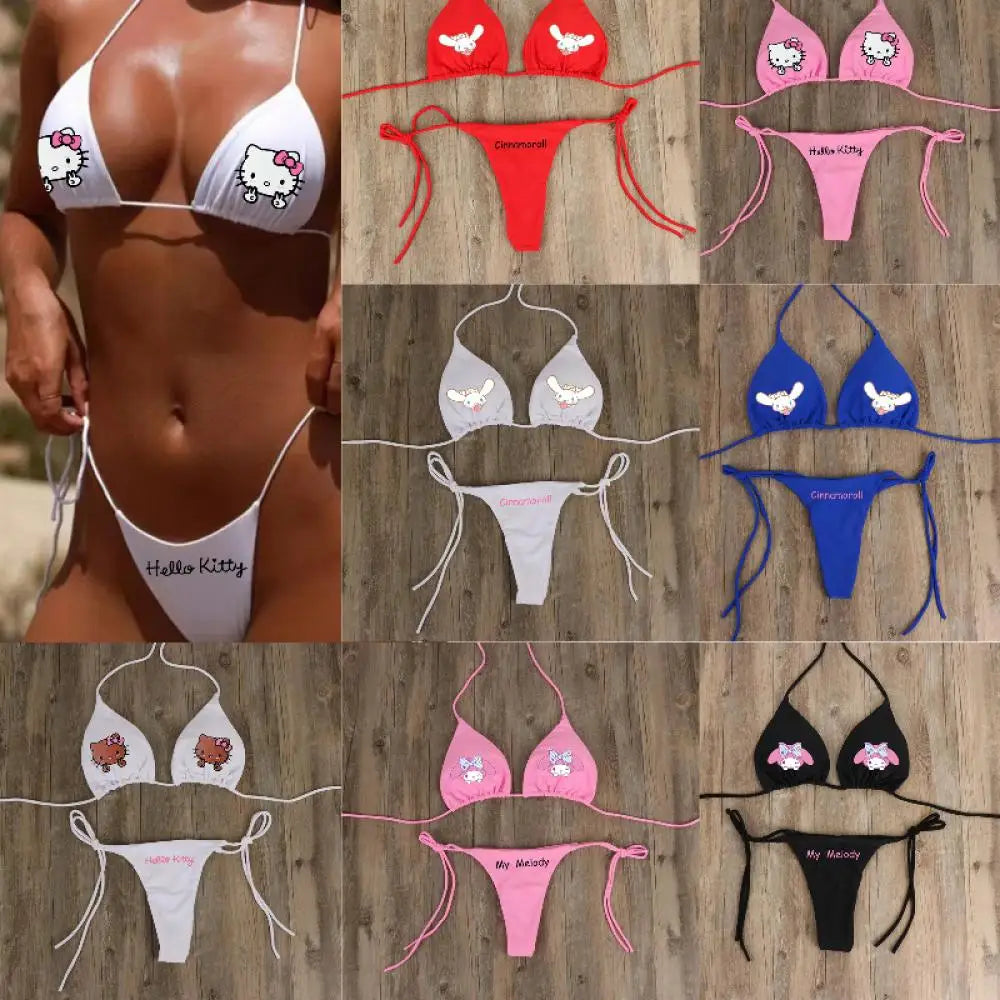 Collage of Hello Kitty-themed bikinis in various colors on a wooden background.