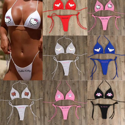 Collage of Hello Kitty-themed bikinis in various colors on a wooden background.