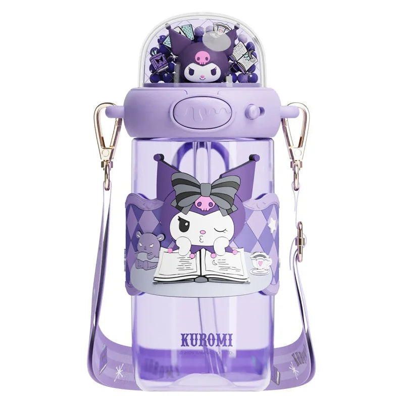 Purple water bottle with cartoon character design on a white background