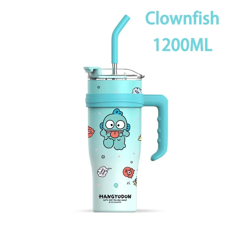 Light blue tumbler with cartoon clownfish design and handle, featuring the brand 'HANGYODON'.