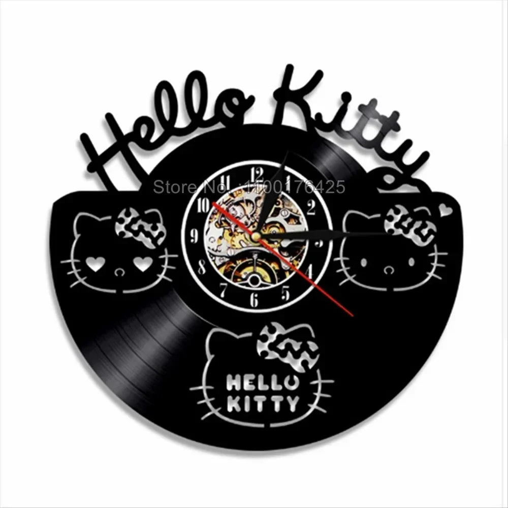 Hello Kitty-themed wall clock made from a vinyl record on a white background