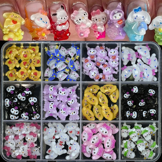 Collection of colorful resin charms in a clear plastic organizer.