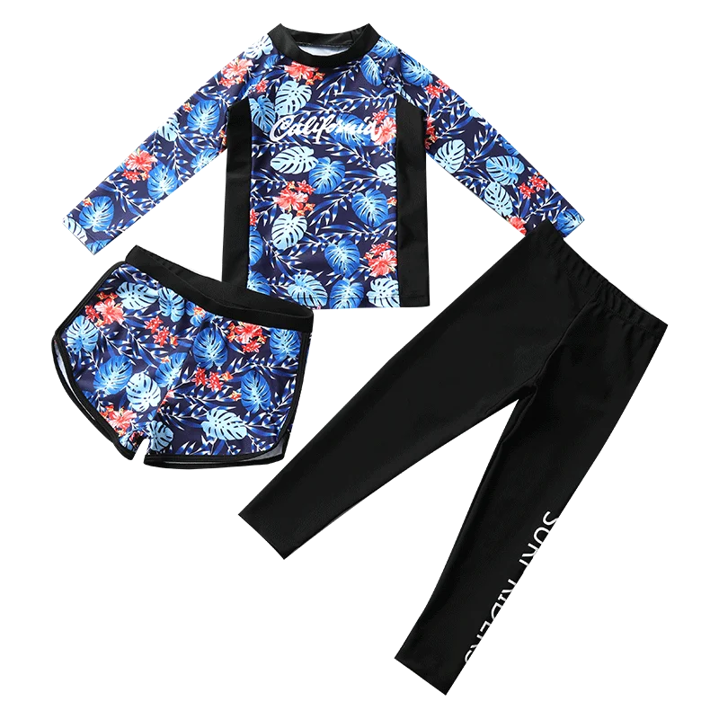 Children's swimsuit set with floral and black designs on a white background