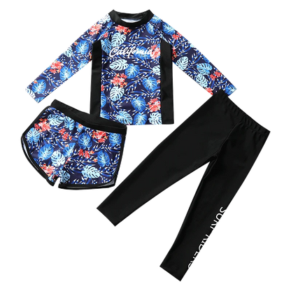Children's swimsuit set with floral and black designs on a white background