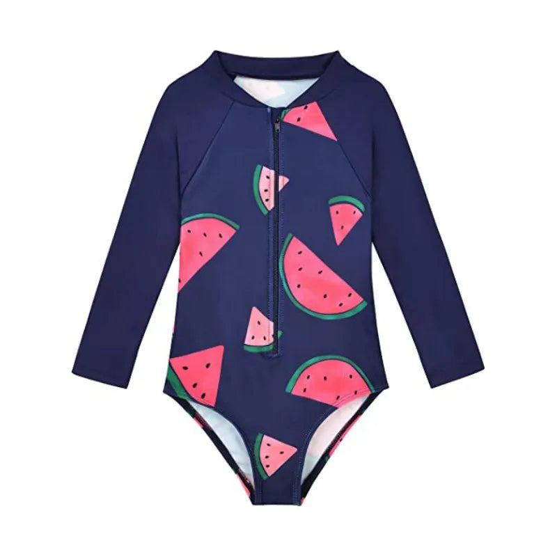 Navy blue swimsuit with watermelon pattern on a white background