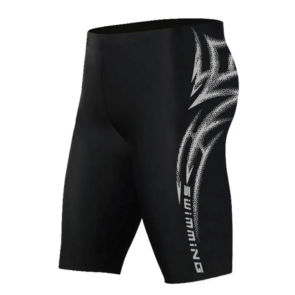 Black swim jammer with white logo on a white background