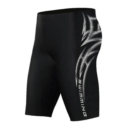 Black swim jammer with white logo on a white background