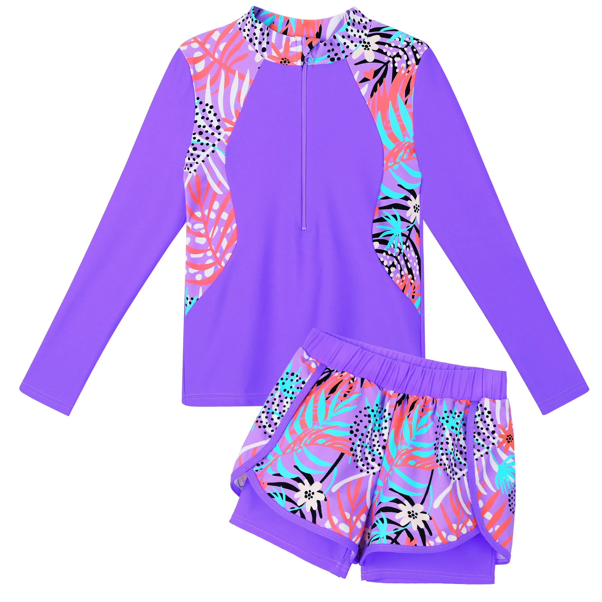 Purple children's swimsuit set with colorful leaf pattern on a white background