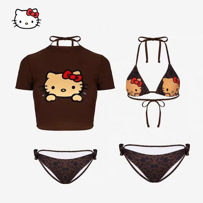 Brown t-shirt and bikini set with Hello Kitty design on a white background