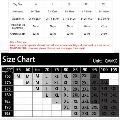 Size chart for pants with waist measurements in centimeters and inches, and a height-weight chart for clothing size.