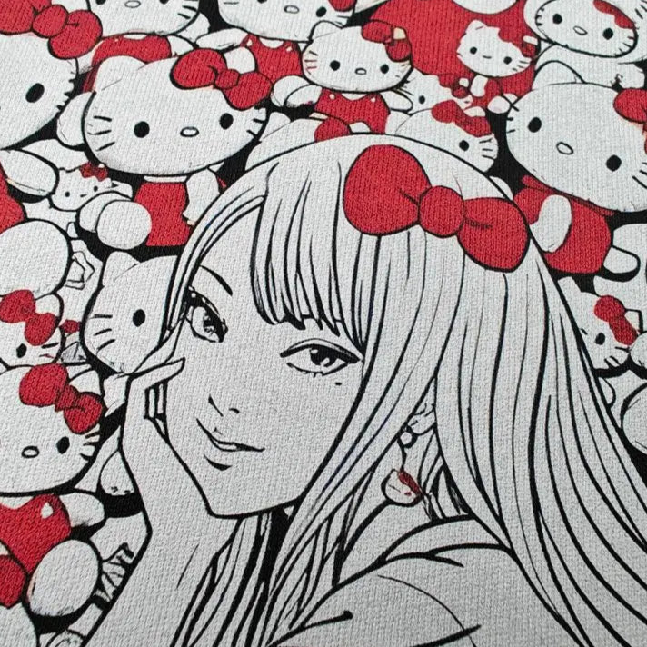 Illustration of a person with a red bow in front of a Hello Kitty pattern