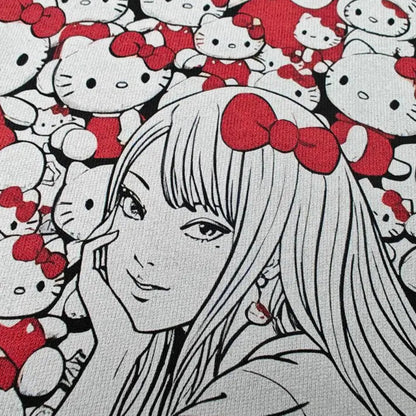 Illustration of a person with a red bow in front of a Hello Kitty pattern