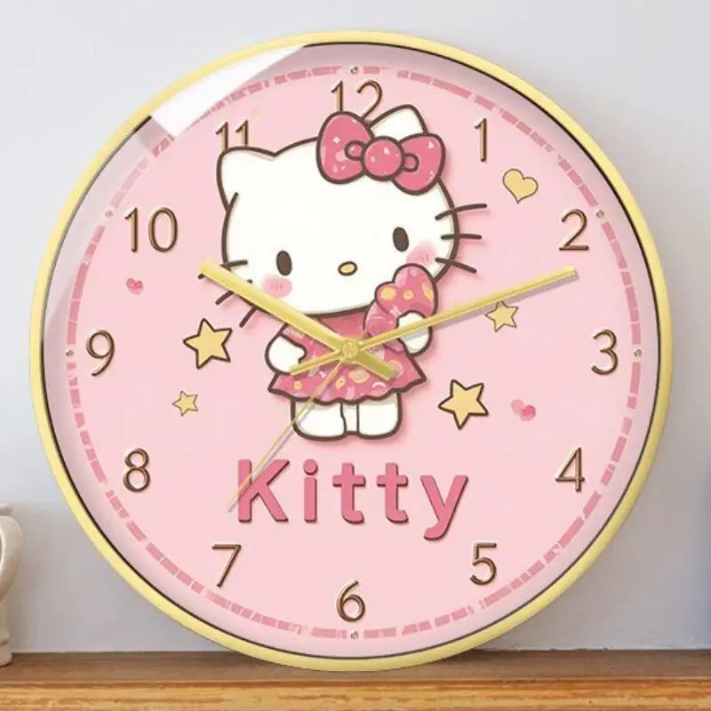 Hello Kitty clock with pink background and yellow frame on a shelf.