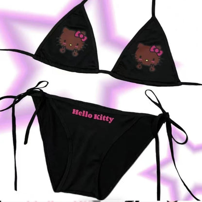 Black bikini set with Hello Kitty design on a gradient background